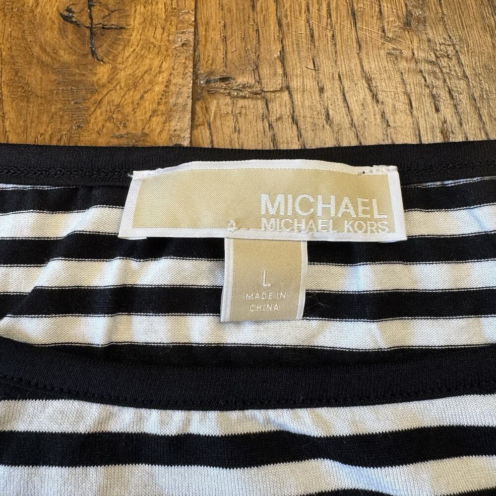 Michael Kors Striped Women's Shirt Blouse Size L Short Sleeve Shirt Side Tie - Picture 4 of 6
